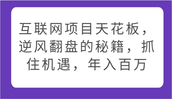 互联网项目天花板，逆风翻盘的秘籍，抓住机遇，年入百万-三六网赚