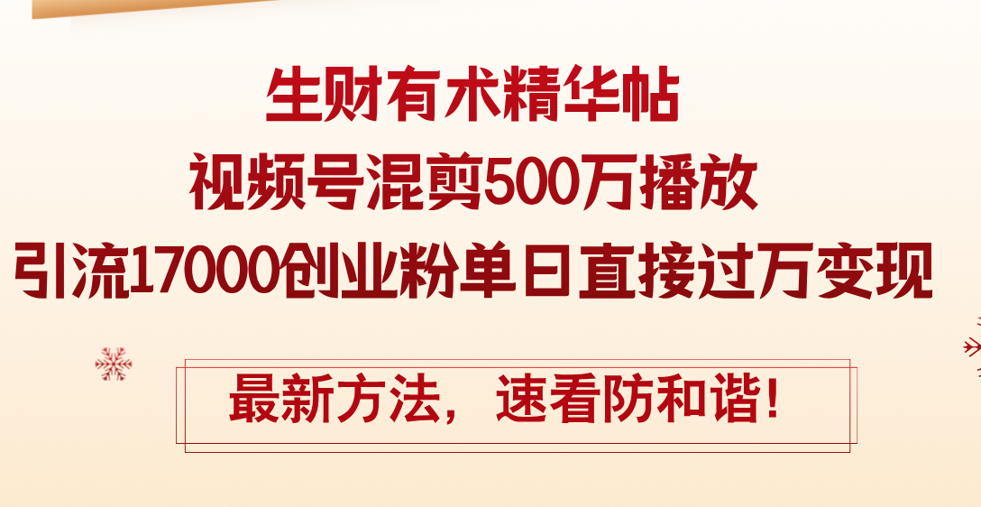 （12391期）精华帖视频号混剪500万播放引流17000创业粉，单日直接过万变现，最新方…-三六网赚