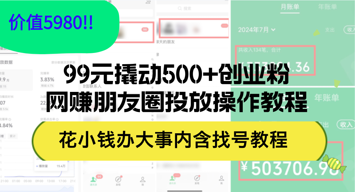 （12431期）99元撬动500+创业粉，网赚朋友圈投放操作教程价值5980！花小钱办大事内…-三六网赚