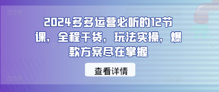 2024多多运营必听的12节课，全程干货，玩法实操，爆款方案尽在掌握-三六网赚