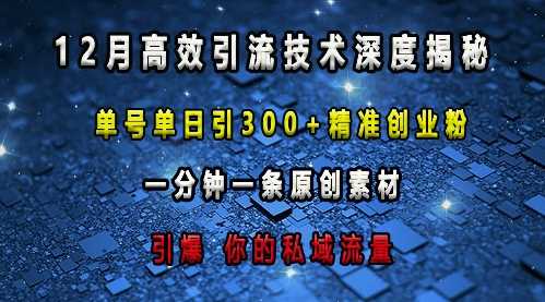 最新高效引流技术深度揭秘 ，单号单日引300+精准创业粉，一分钟一条原创素材，引爆你的私域流量-三六网赚